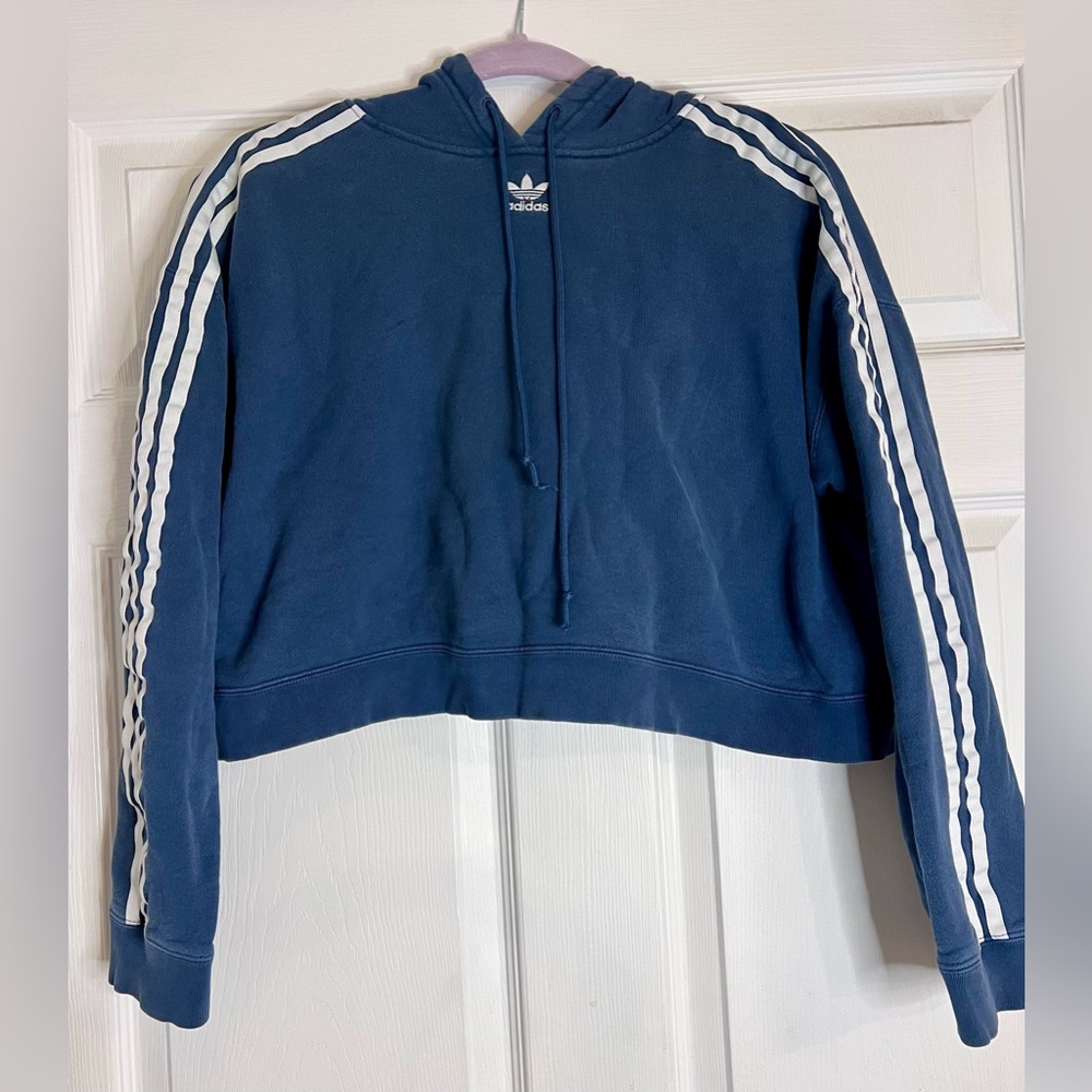Women Adidas Originals Trefoil 3-Stripes Cropped Hoodie Mineral‎ Blue medium